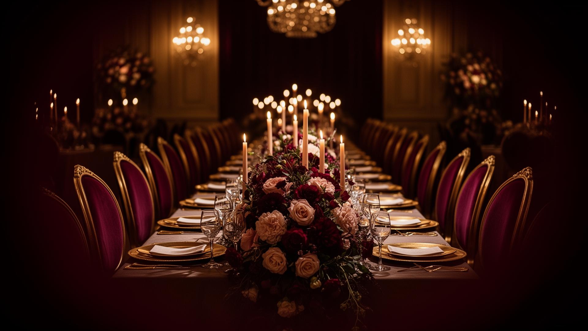 Luxury candlelit event venue with burgundy florals and gold accents